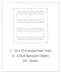 15x15 canopy pole tent with 6 foot table seating